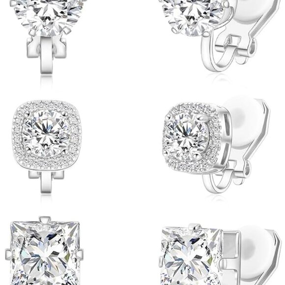 Silver Gold Hypoallergenic Cubic Zirconia Clip-On Earrings for Women, Non-Pierce - Picture 1 of 7